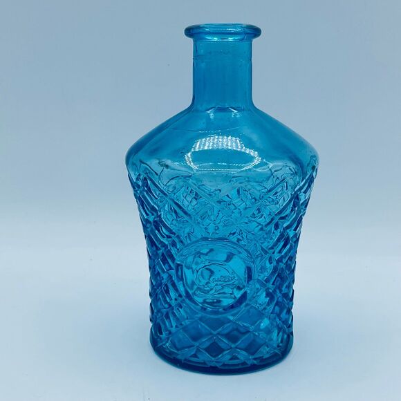 Vintage Blue Glass Diamond Pattern Decanter Bottle Vase from Taiwan Circa 1960s - Picture 1 of 8